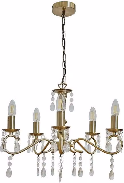 ValueLights Argyll 5 Way Brass Ceiling Light Chandelier in Metallic Gold with Transparent Glass