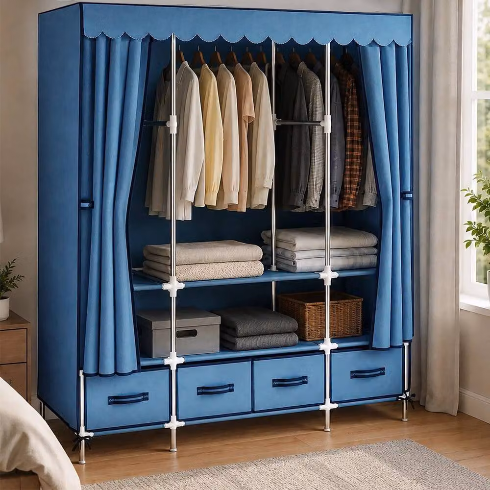 FORGEVIO Blue Treasure Portable Fabric Wardrobe with Internal Shelves, Drawers and Hanging Rod – 3