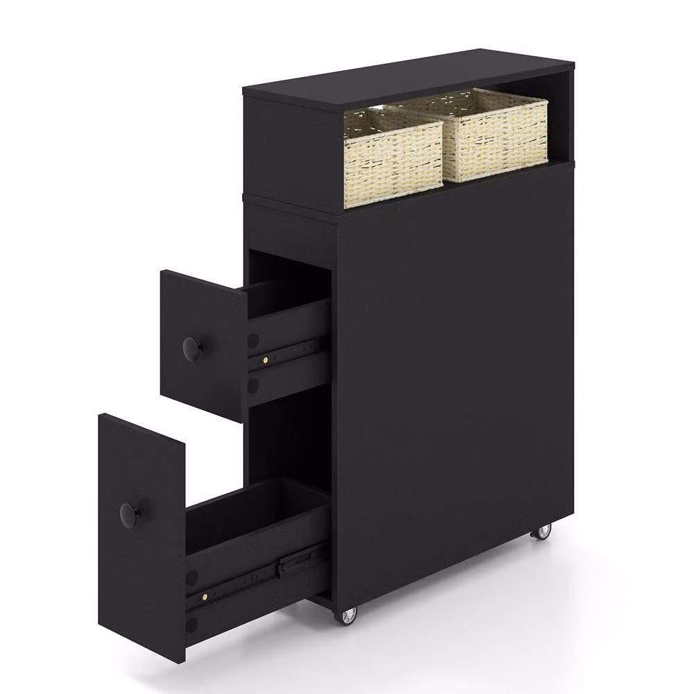 Costway Movable Narrow Bathroom Storage Cabinet with Rattan Detail in Black – 3
