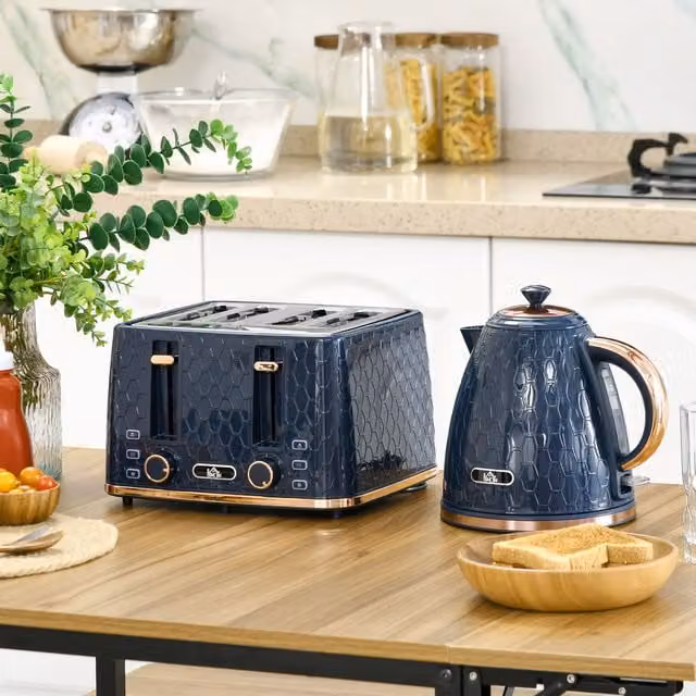 HOMCOM Blue Kettle and Toaster Set with 1.7L Capacity and Defrost Reheat Functions – 1