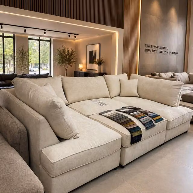 Home & Love Carnaby Cinema U-Shape Corner Sofa in Cream Chenille with Matching Ottoman and Scatter Cushions