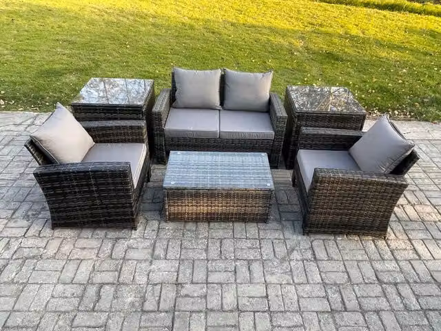 Fimous Outdoor Lounge Sofa Set with Coffee Table, Dark Grey PE Rattan Garden Furniture Set