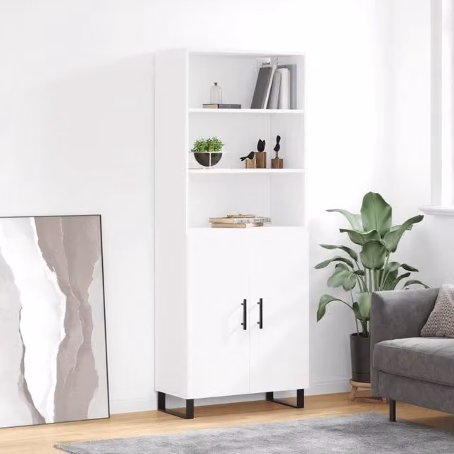 Berkfield Home Modern White Highboard with Hinged Doors and Internal Shelves, W/D/H: 69.5 x 34 x 180 cm