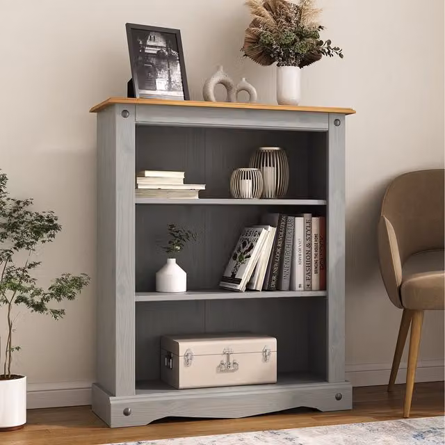 Mews Corona Small Low Bookcase in Grey Rustic Waxed Finish