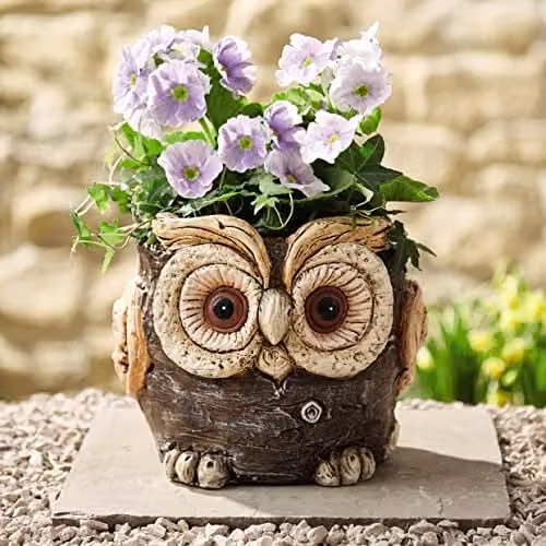 mysmartbuy Owl Shaped Wood Effect Planter in Brown, H18.8cm x W22cm x D22cm