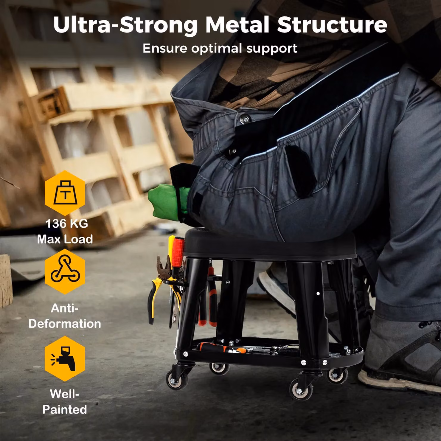 Gymax Black Metal Garage Rolling Stool Creeper Seat with Detachable Seat and Tool Holder, W/D/H: 46.0 x 35.0 x 35.0 cm – 6