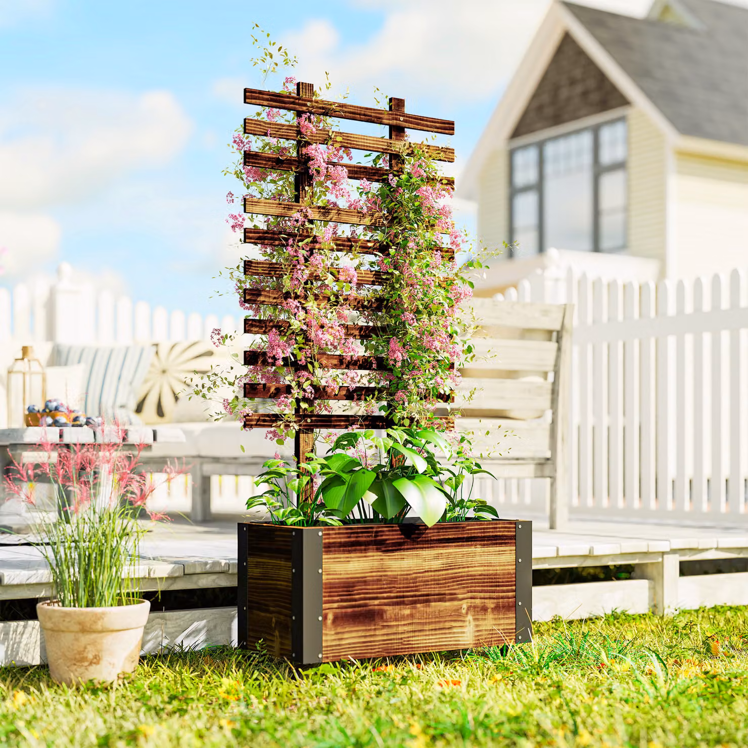 Outsunny Brown Wooden Raised Garden Bed with Trellis and Wheels, W/D/H: 147 x 65 x 31 cm – 2