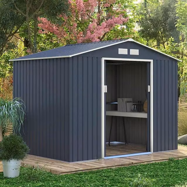 Charles Bentley Metal Steel Garden Shed in Grey and Blue, W/D/H: 274.32 x 195.0 x 193.0 cm