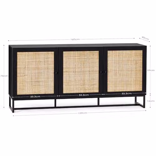 Julian Bowen Padstow 3 Door Rattan Sideboard in Black, W: 160 cm, H: 75 cm, D: 40 cm – 2