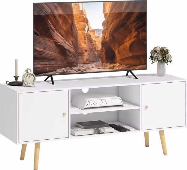 HOMCOM Modern White TV Unit Cabinet with Wood Legs and Storage Shelves for TVs up to 55 Inches