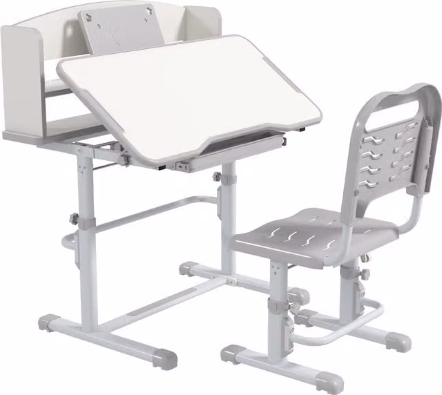 ZONEKIZ Height Adjustable Kids Study Table and Chair Set with Drawer and Storage Shelf, Grey, W: 80 cm, D: 54.5 cm, H: 104 cm – 1