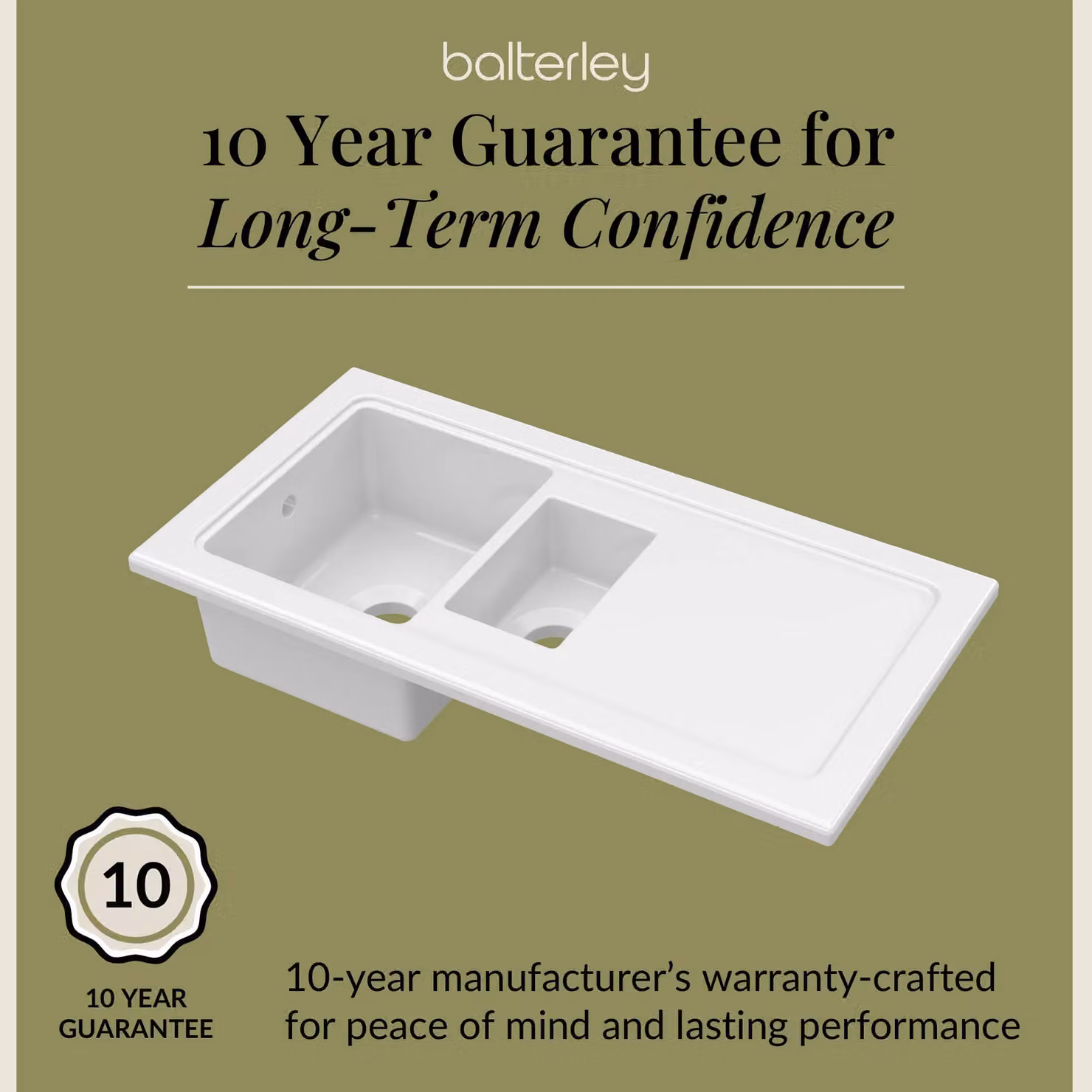 Balterley White Ceramic 1.5 Bowl Kitchen Sink with Plain Drainer, W: 1010 mm – 3