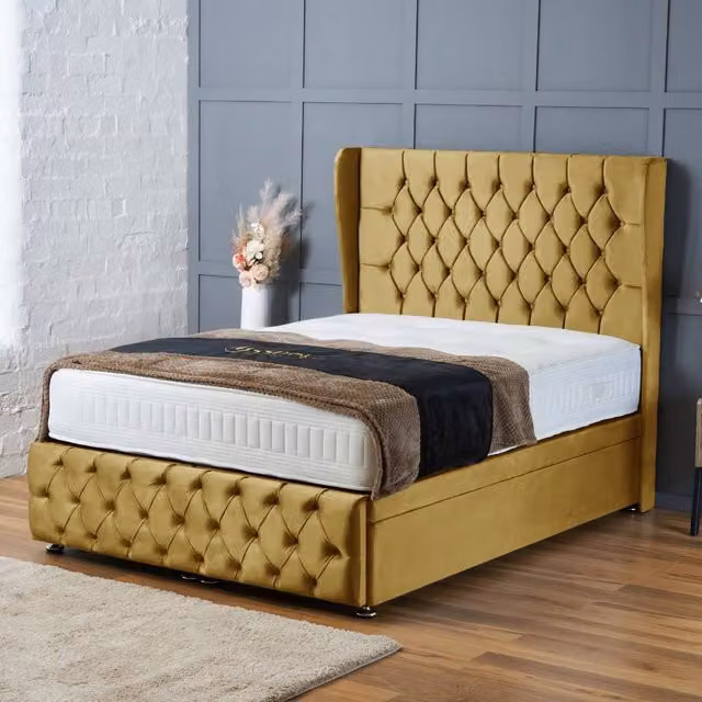 BSSPOKE Bella Ottoman Divan Bed with 54 inch Headboard, Footboard and Mattress in Mustard Yellow Plush Velvet, Super King, W/D/H: 200 x 200 cm
