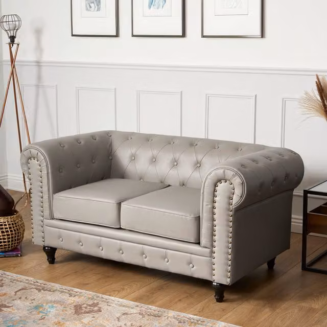 Bravich LTD Chesterfield 2 Seater Sofa in Grey Faux Leather with Button Tufting and Wooden Legs