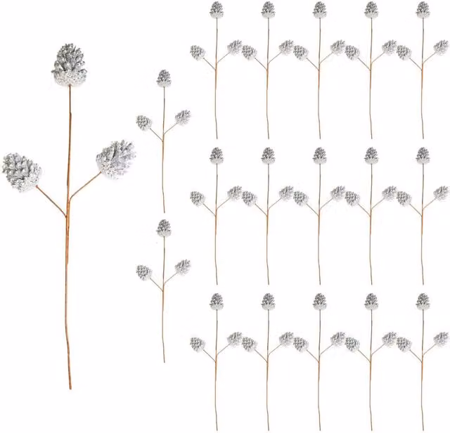 Shatchi Glitter Silver Pine Cone Christmas Picks, 6 Pack, Height: 58 cm