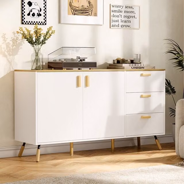 Komore Scandinavian Style White and Natural Wood Freestanding Living Room Storage Cabinet