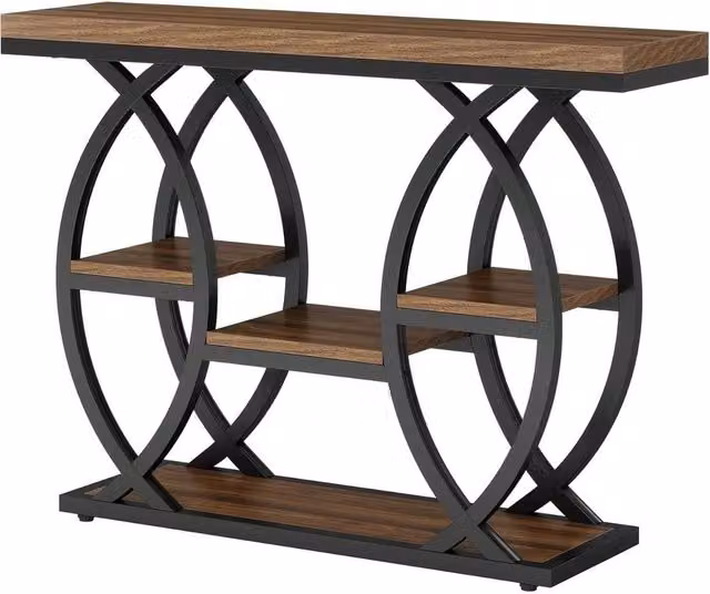PAWNORA Industrial Brown Wood and Metal Console Table for Entryway and Hallway