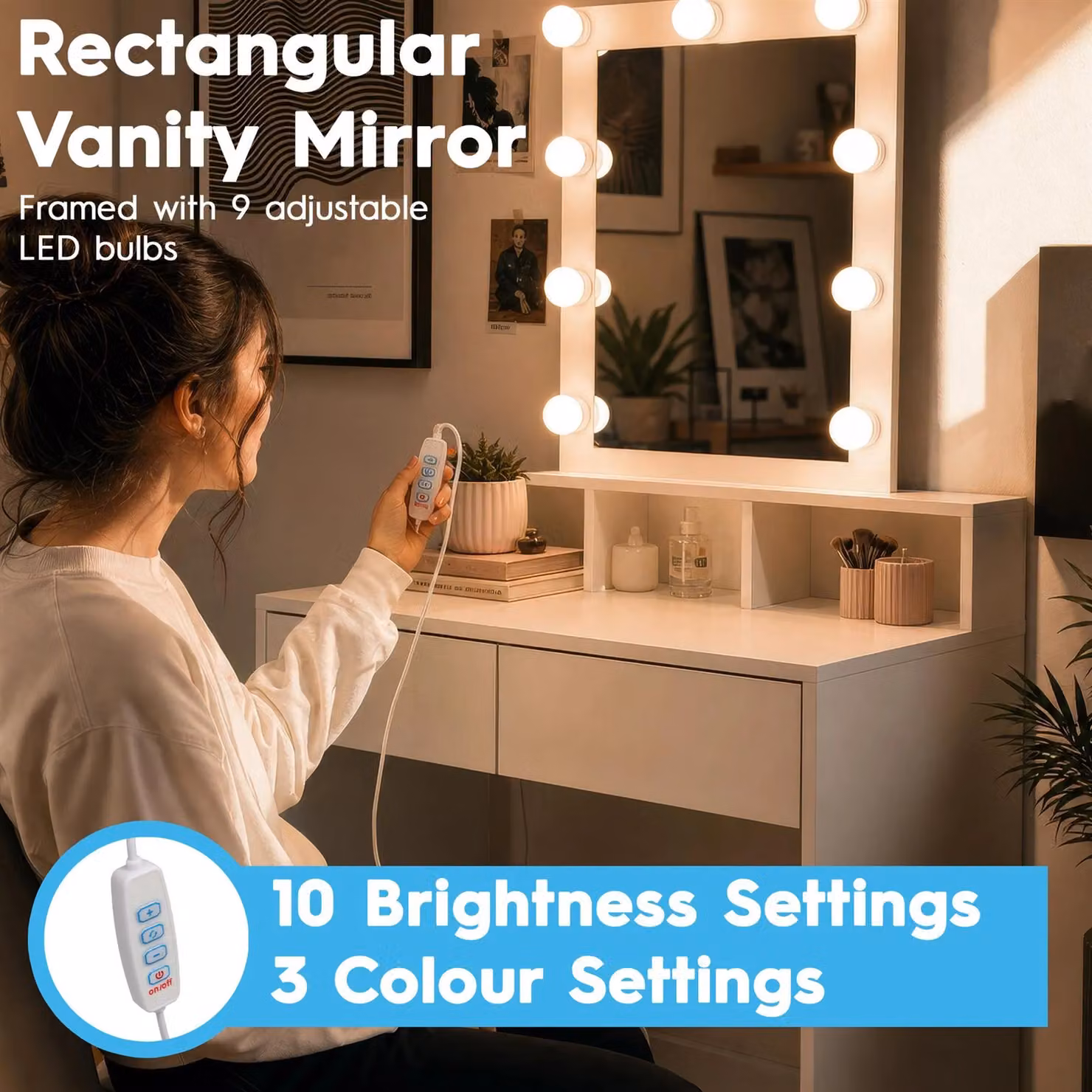 Harbour Housewares Modern Wooden Dressing Table Set with LED Lights and Stool in White or Beige – 5