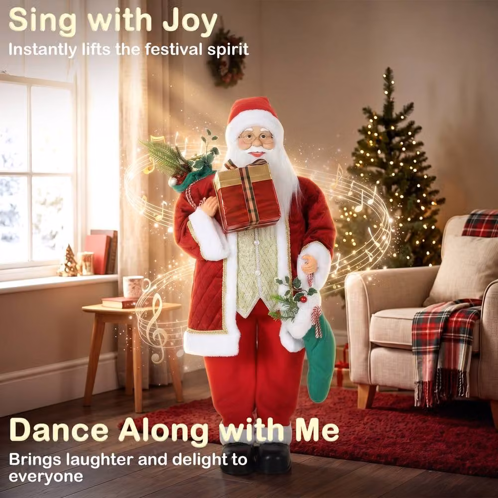 HOMCOM Singing and Dancing Christmas Santa Claus with Stocking and Sack in Red and Gold, Height: 120 cm – 4