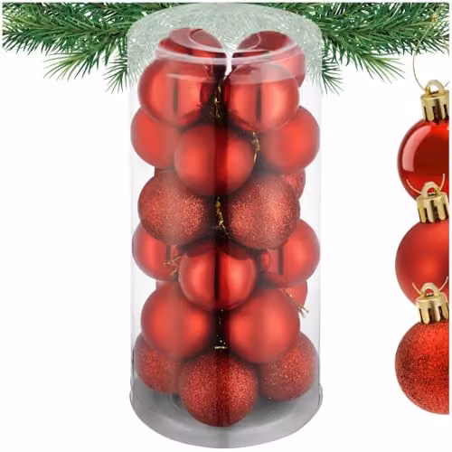 tectake 24-Pack Red Christmas Baubles with Glossy, Matt and Glittery Finishes and Golden Loops