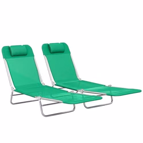 Outsunny Set of 2 Folding Sun Loungers in Dark Green Textilene with Adjustable Headrest and Powder Coated Steel Frame – 1