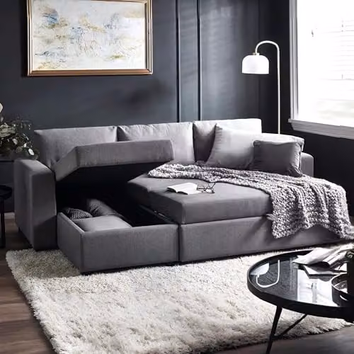 Julian Bowen Angel Grey Fabric 3 Seater Corner Sofa Bed with Pull Out Drawer – 1