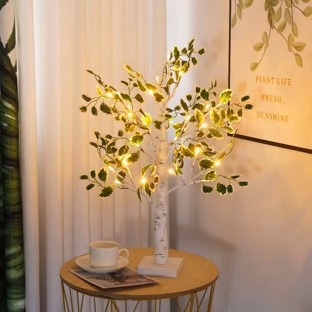 Smartbies Pre Lit Birch Christmas Tree in White and Green, Battery Operated or USB Plug-In, W/D/H: 60.96 x 10.16 x 10.16 cm
