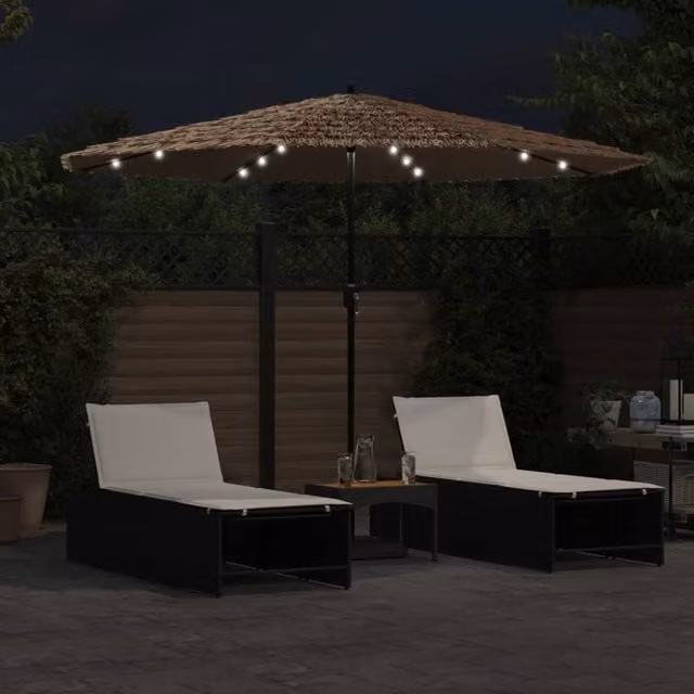 Berkfield Home Durable Garden Parasol with LEDs and Steel Pole, Brown, W/D/H: 324 x 324 x 247 cm