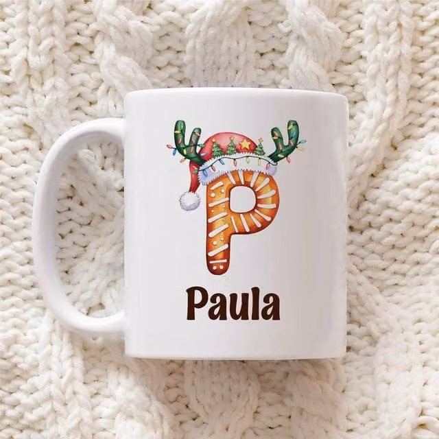 60 SECOND MAKEOVER Personalised Christmas Initial Mug in White with Gingerbread Antler Font