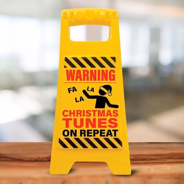 Boxer Gifts Christmas Tunes on Repeat Warning Sign Tabletop Decor in Black and Yellow