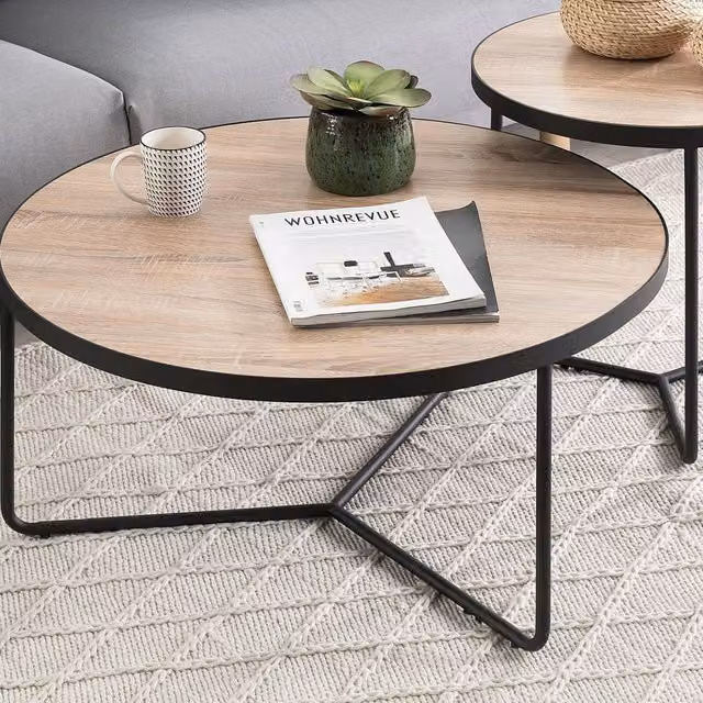 Wyld and Coco Round Coffee Table in Brown Walnut Finish with Black Metal Legs, Diameter: 80 cm