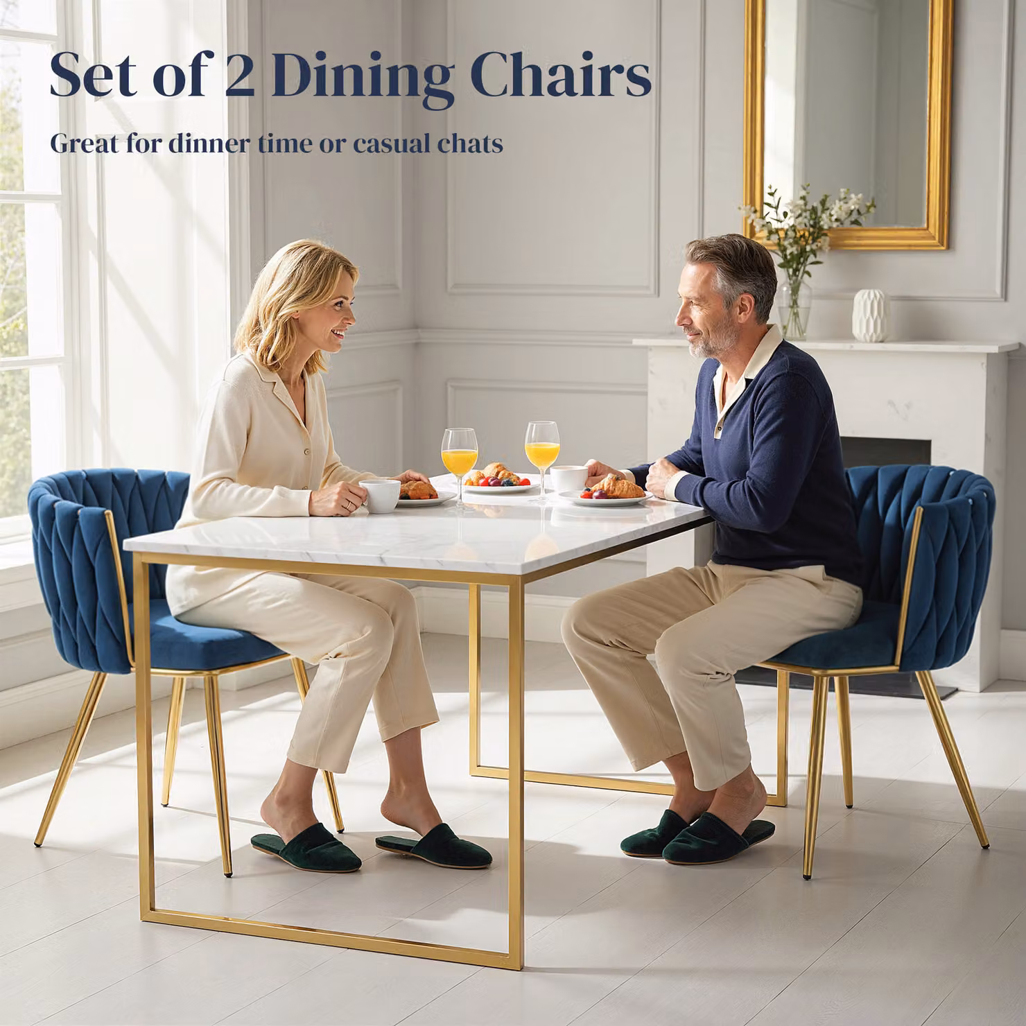 HOMCOM Set of 2 Modern Velvet Upholstered Dining Chairs with Armrests and Metal Legs, Blue and Gold – 4
