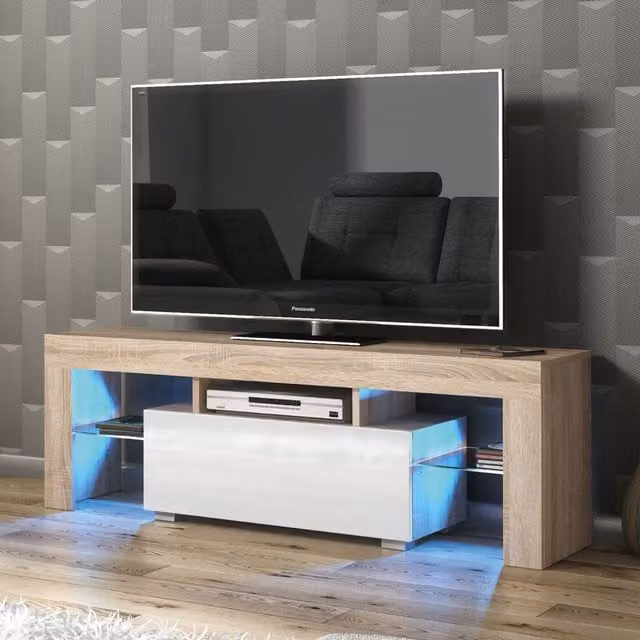 Creative Furniture Floe TV Unit in Oak with White Gloss Doors and LED Lights, W/D/H: 130 x 45 x 35 cm – 1