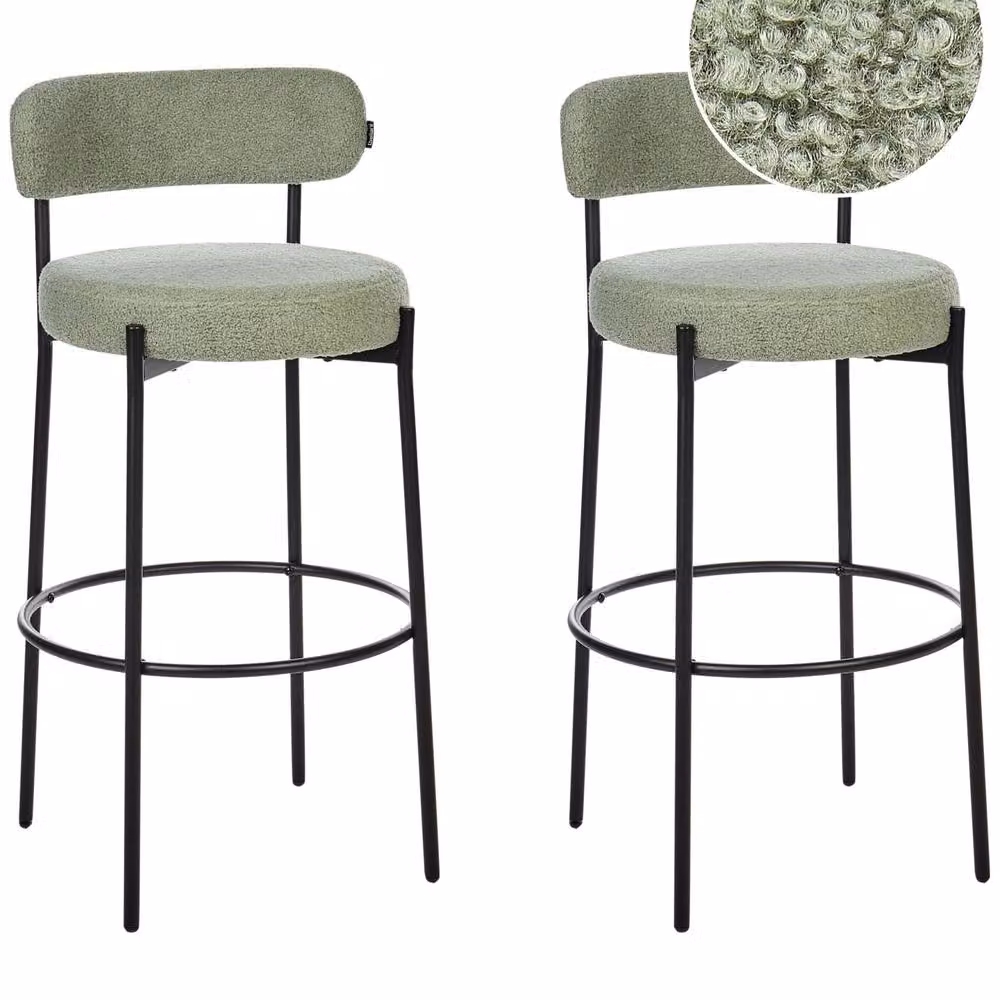 Wyld Haus Set of 2 Light Green Boucle Bar Stools with Black Metal Legs – 2