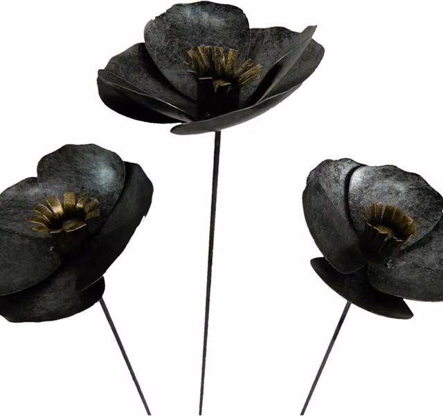 Set of 3 Silver Metal Poppies on 100cm Stick