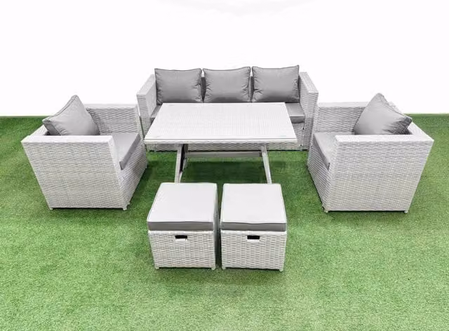 Fimous 7 Piece Outdoor PE Rattan Sofa and Armchair Set with 2 Small Stools in Light Grey