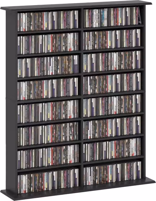 Rolipo Black Wall Mounted 16-Compartment CD DVD Media Storage Shelf with Adjustable Shelves and Back Panel
