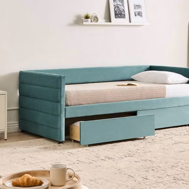 Wyld and Coco Mint Green Velvet Single Daybed with Drawers, W/D/H: 90 x 190 cm