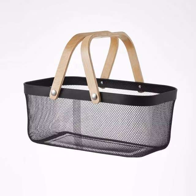 Eden & Willow Black Mesh Wire Metal Storage Basket with Wooden Handles