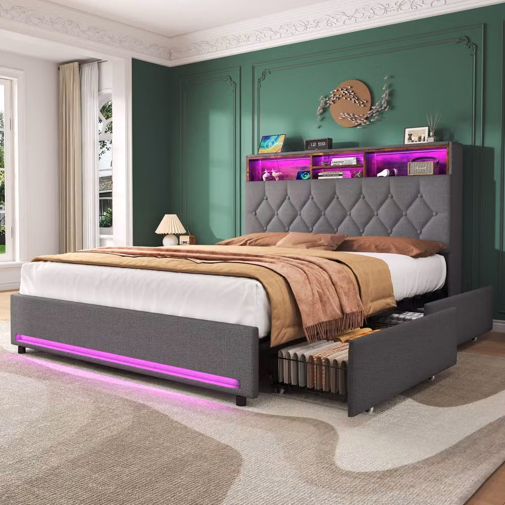 ModernLuxe Upholstered Double Bed in Grey with 4 Drawers, LED Headboard and USB Charging Port, W/D/H: 140 x 200 x 142 cm – 2