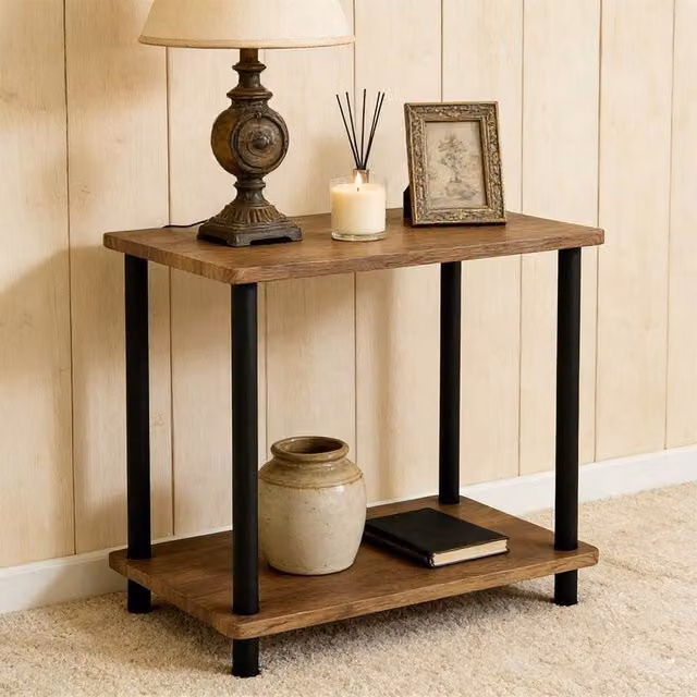 FORGEVIO Small 2-Tier Oak Finish Side Table with Shelf in Brown – 1