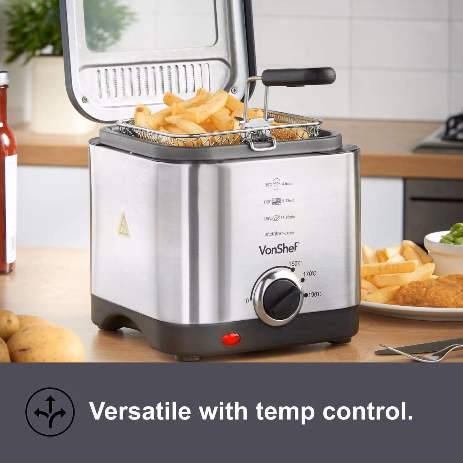 VonShef Stainless Steel Deep Fat Fryer with Adjustable Temperature Control and Non-Stick Removable Basket, Silver, 1.5 l – 2