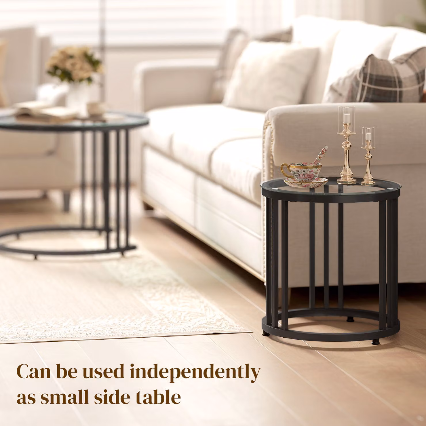 HOMCOM Set of 2 Round Nesting Coffee Tables with Tempered Glass Tops and Steel Frame, Black – 6