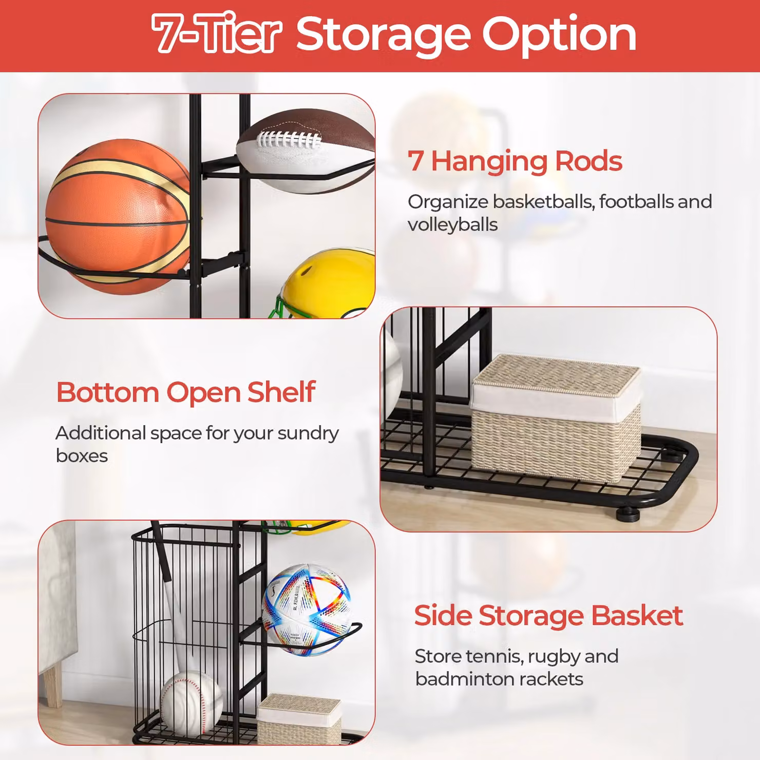 Costway 7-Tier Metal Basketball Storage Rack and Sports Equipment Display Organizer in Black – 3