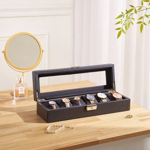 Livingandhome Black Metal and Glass Jewellery and Watch Display Box with Lid