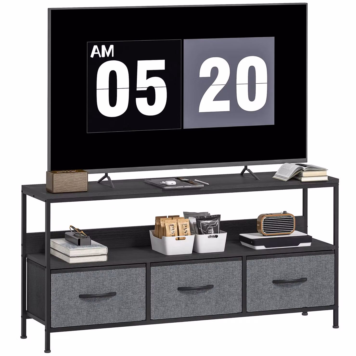 HOMCOM Modern Black TV Cabinet with 3 Foldable Linen Drawers – 2