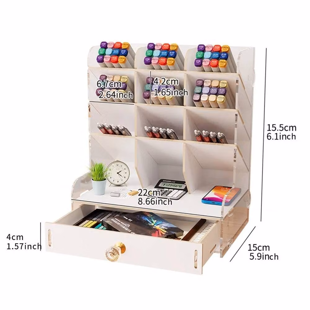 VOGREX White Wooden Artists Desk Organiser with Drawer and Multi-Compartment Marker Storage Box – 2