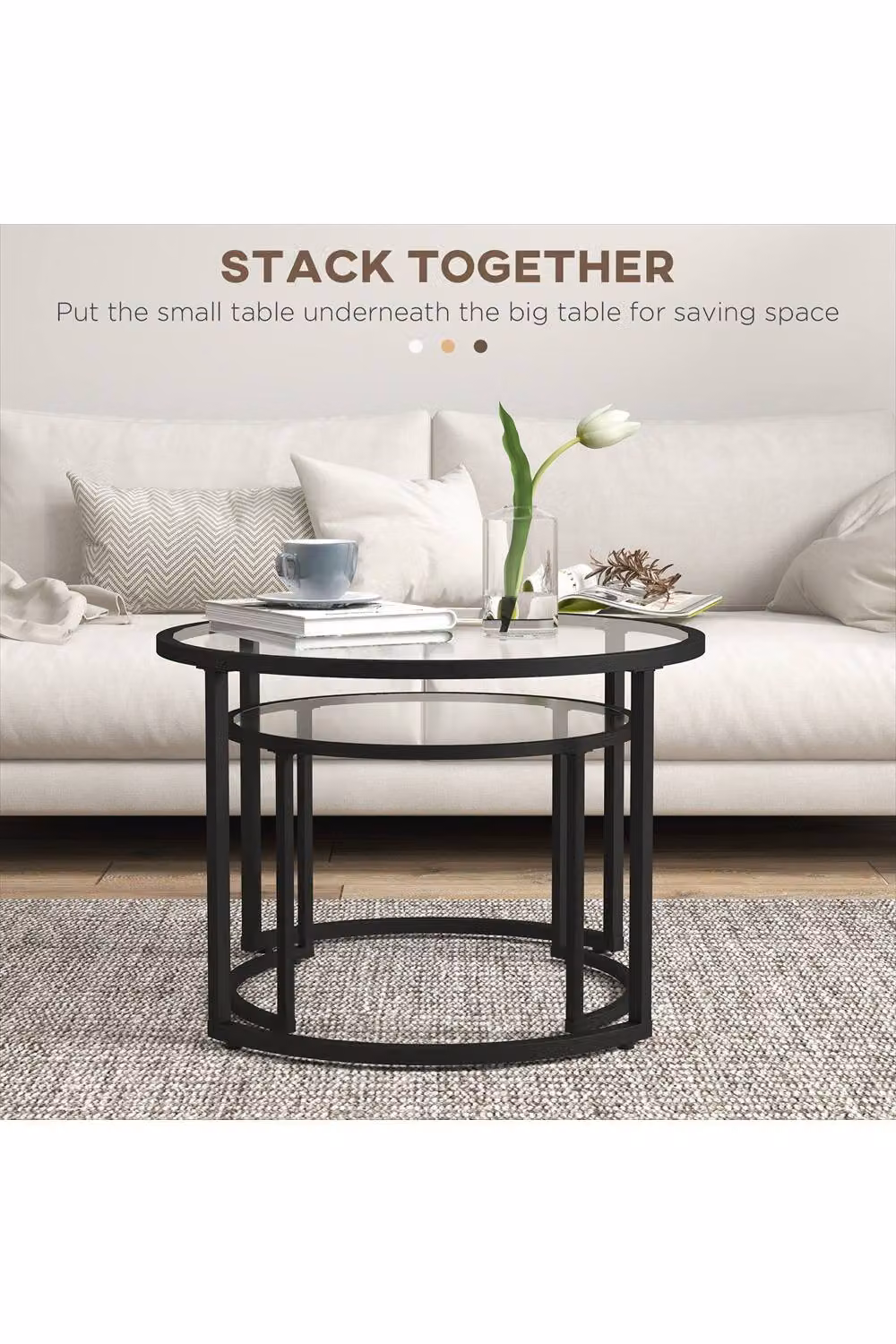 ERGOVEXA Two-Piece Modern Round Nest of Glass-Top Coffee Tables in Black – 2
