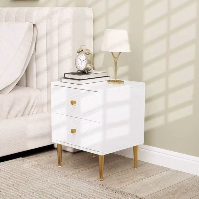 FORGEVIO Modern Bedside Table with 2 Drawers and Metal Accents in White, Gold and Multicolour – 1