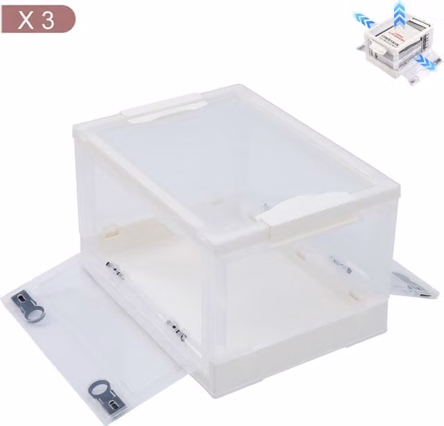Livingandhome Set of 3 Foldable and Stackable Clear Plastic Storage Boxes with Lids, Handles and Wheels, White and Transparent